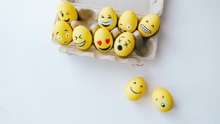 A set of eggs in an egg carton express multiple emotions