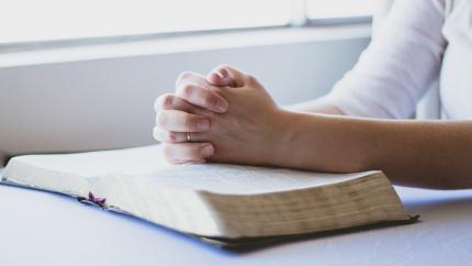 Person with folded hands reading biblical text