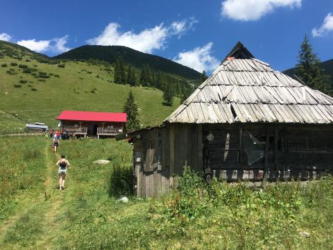 Campers hiking up to a shepherd's hut for a traditional Romanian meal.