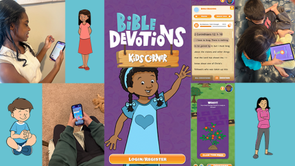 Kids Corner Bible Devotions App screens shots and kids enjoying
