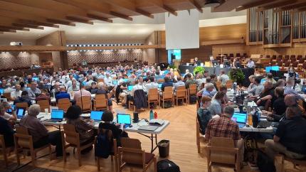 The large delegation of Synod sits together in the Calvin University Chapel. Courtesy of the CRCNA.