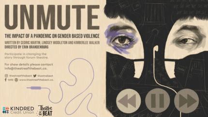Banner title for the play Unmute, with a graphic of person with headphones and mask