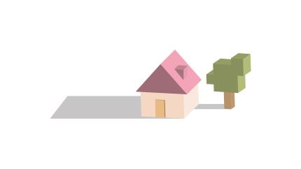 a digital, cubic illustration with a house and a tree. 