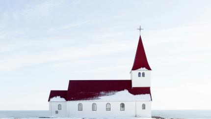 Church on a snowy white background