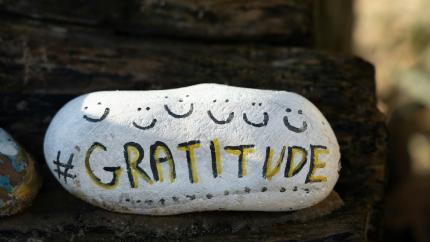 A rock with the word "gratitude" painted on it. Courtesy of Unsplash.