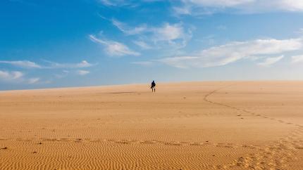 Desert with blue sky, footprints in the sand, and a man standing in the distance