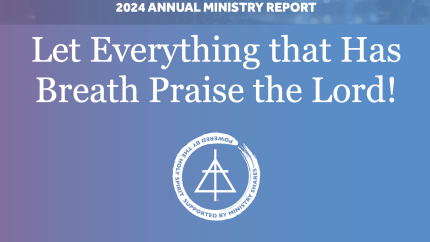 The text "Let Everything that Has Breath Praise the Lord! is set on a light blue background. The CRCNA logo, which is a triangle overlaid with a cross, is present under the text.