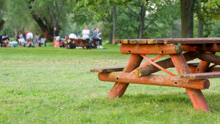 A wooden picnic table at a park with people gathered in the distance behind it