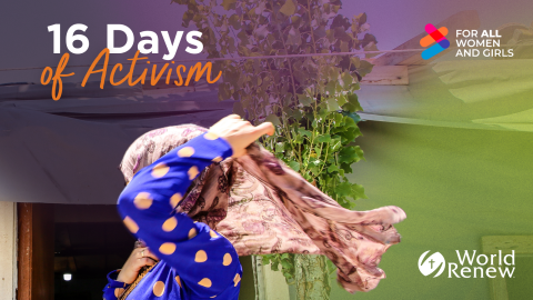 A logo of a girl walking across the screen with World Renew's logo and the text "16 Days of Activism." Courtesy of World Renew.