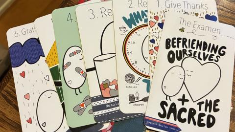 A set of handmade Examen cards sit on a tabletop. Courtesy of Mavis Moon.