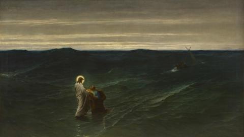 An image of Jesus and Peter walking across the water. Courtesy of Public Domain, Gustav Bion.