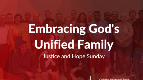 A logo in the center of the page reads "Embracing God's Unified Family," with a red background and the CRCNA logo in the bottom right corner.