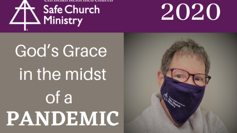 picture of woman wearing mask with safe church logo on it.
