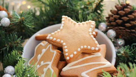 a bowl of star-shaped Christmas cookies sits in an evergreen garland with pinecones