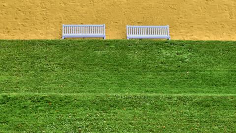 Two benches sit against a yellow wall in a park with green grass