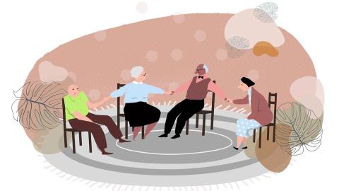 Four illustrated people sit on chairs holding hands and looking at each other