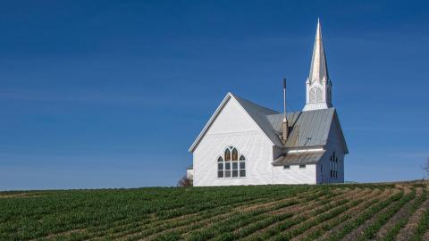 A church stands on the edge of a soybean field. Courtesy of Ken1843 on Pixaby.