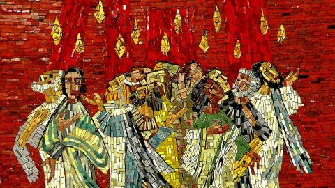 A mosaic of a group of disciples from all walks of life receiving the fire of pentecost