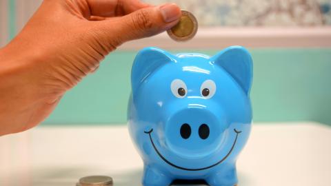 A person inserts a coin into a piggy bank