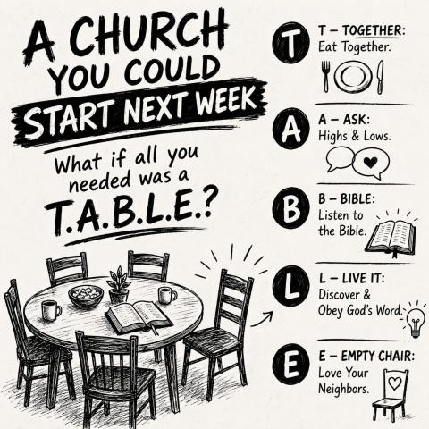 T.A.B.L.E. gives us five simple practices:  T — Together: Eat Together A — Ask: Highs & Lows. B — Bible: Listen to the Bible. L — Live It: Discover & Obey God’s Word. E — Empty Chair: Love Your Neighbors.