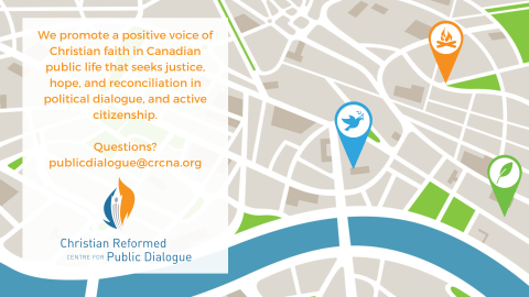 A stylized city map and the Centre for Public Dialogue logo