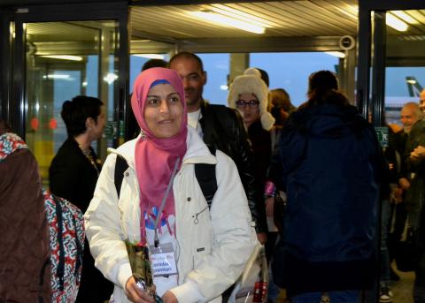 A Syrian refugee woman arrives at the airport in Rome through the Humanitarian Corridors project. 